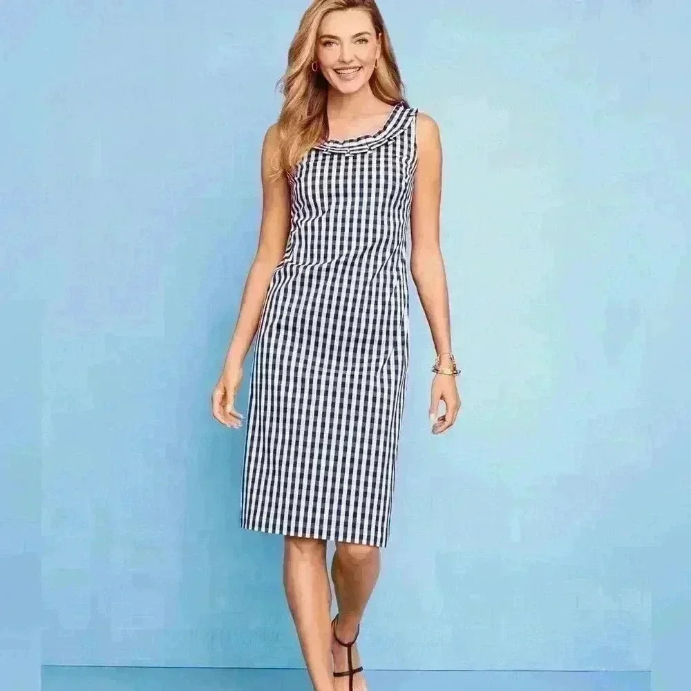 TALBOTS PLEAT-NECK SHEATH DRESS - GINGHAM SIZE 6
